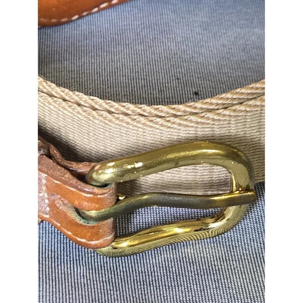 Vintage Lands End Men 32 Woven Cotton Web Leather Belt Brass Buckle 506 USA